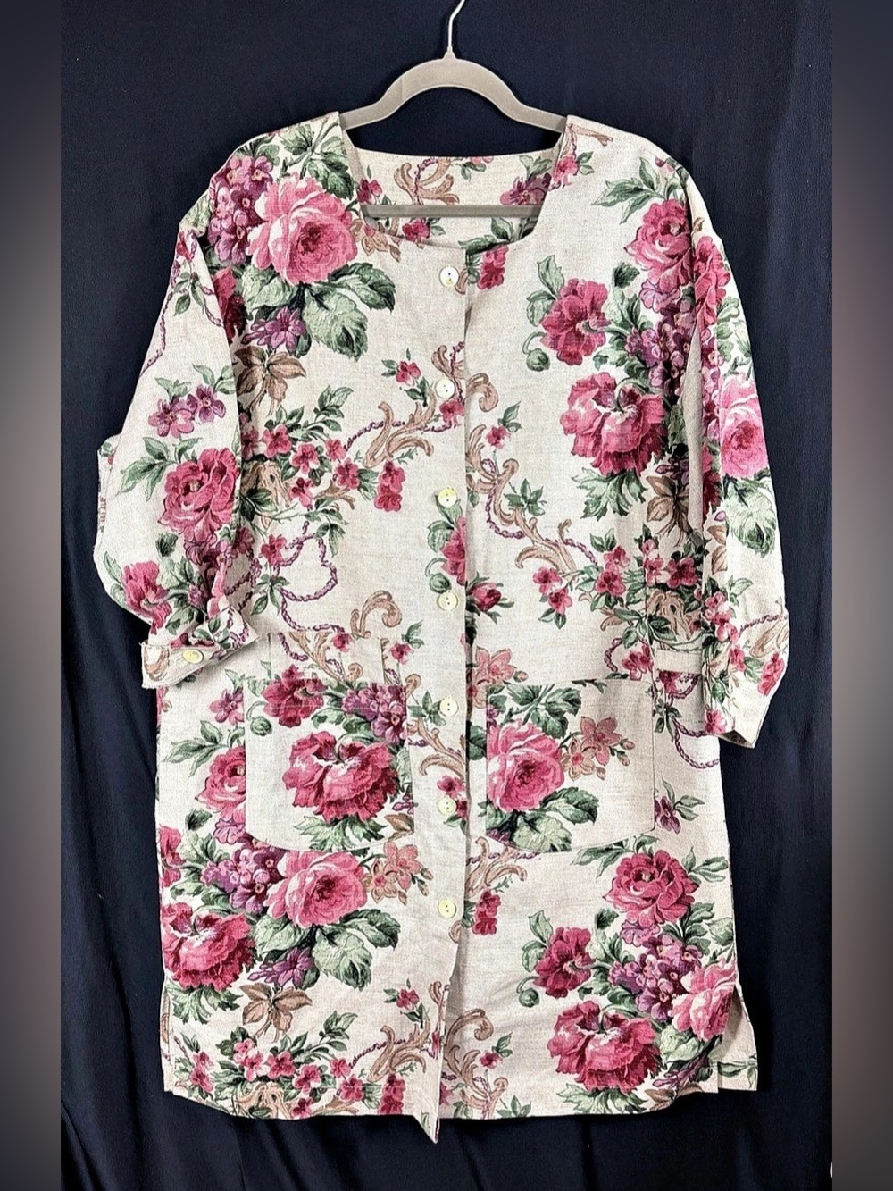 Gianna Rose Floral Linen Cotton Artist Smock Jacket Cream Pink Roses Old Money